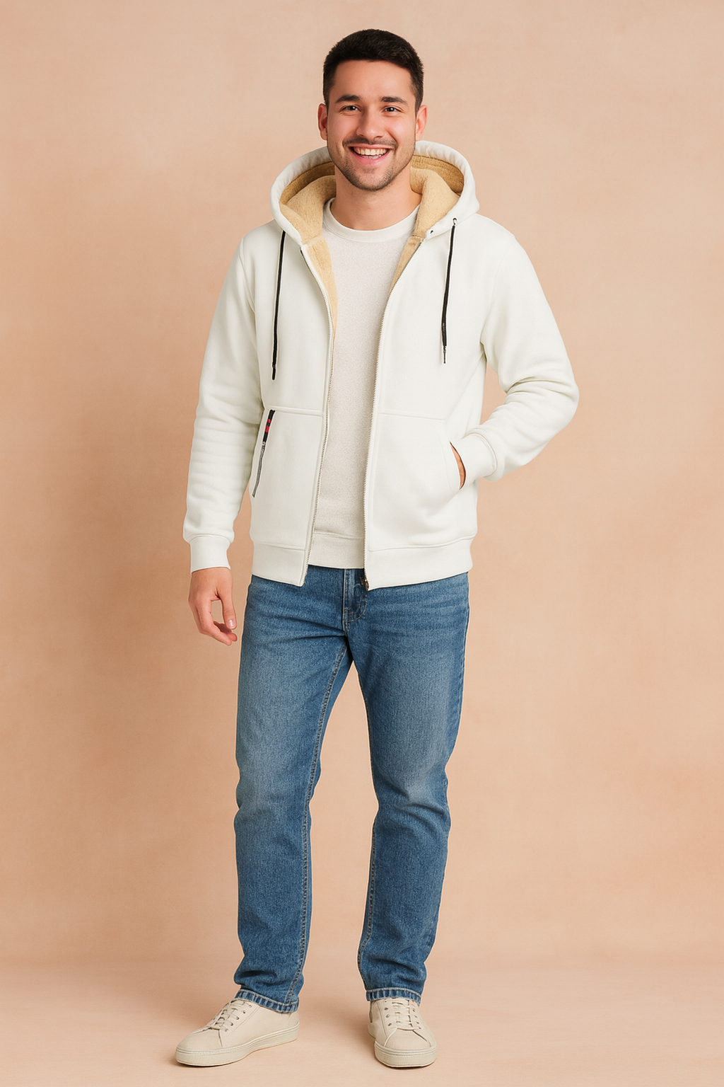 Men’s white fleece-lined hoodie with beige faux fur interior, featuring full zip closure, drawstring hood, and front pockets for warmth and casual style.