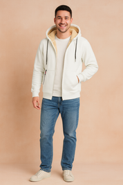 Men’s white fleece-lined hoodie with beige faux fur interior, featuring full zip closure, drawstring hood, and front pockets for warmth and casual style.