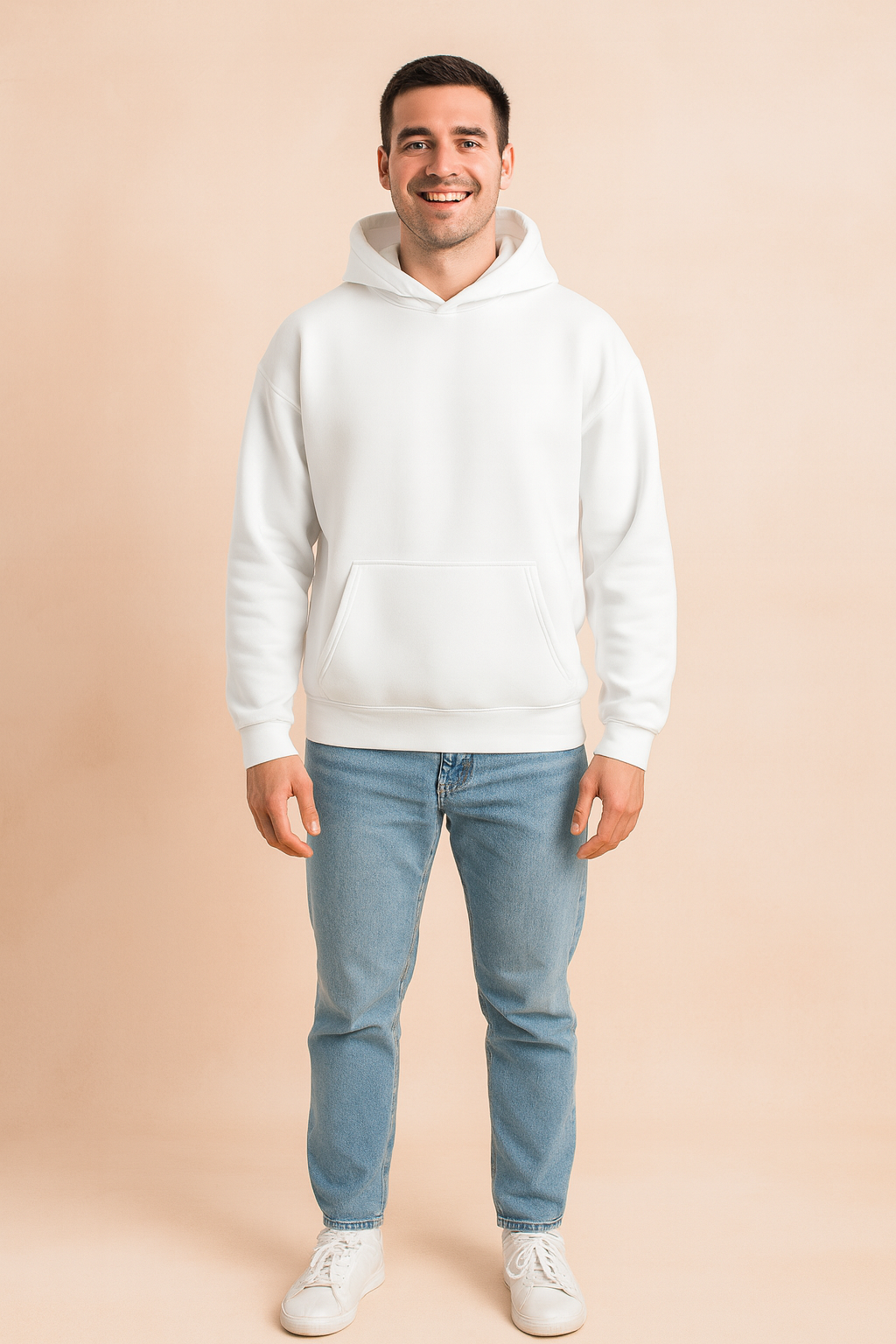 White pullover hoodie with front kangaroo pocket and adjustable hood, styled for casual comfort and everyday wear.