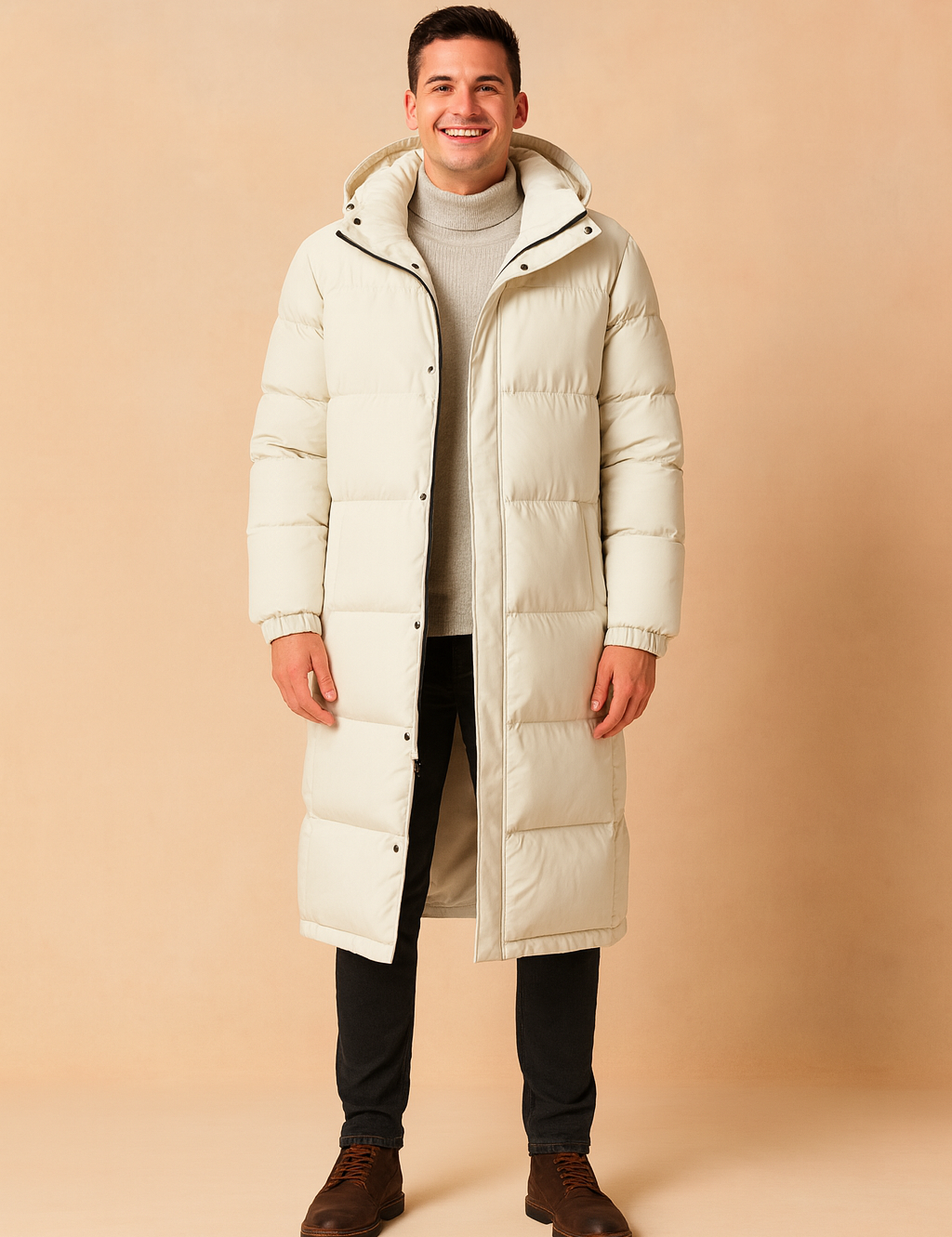 Men’s long white puffer winter coat with hood, high-neck inner sweater, and quilted insulation for maximum warmth and style.