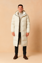Men’s long white puffer winter coat with hood, high-neck inner sweater, and quilted insulation for maximum warmth and style.