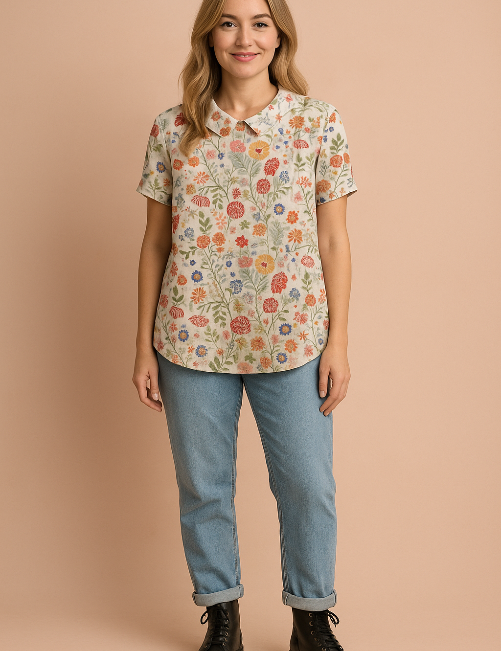 White linen blouse with a Peter Pan collar, detailed with a vibrant multicolor floral pattern in red, orange, blue, and yellow blooms.