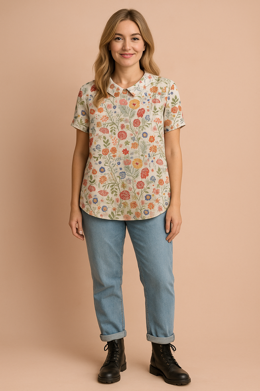 White linen blouse with a Peter Pan collar, detailed with a vibrant multicolor floral pattern in red, orange, blue, and yellow blooms.
