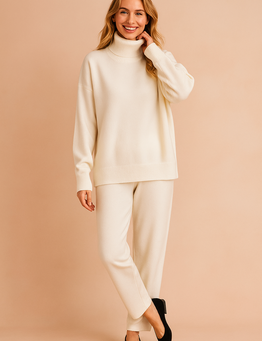 Cream white oversized turtleneck sweater with ribbed cuffs and hem, paired with matching relaxed knit pants and black heeled flats