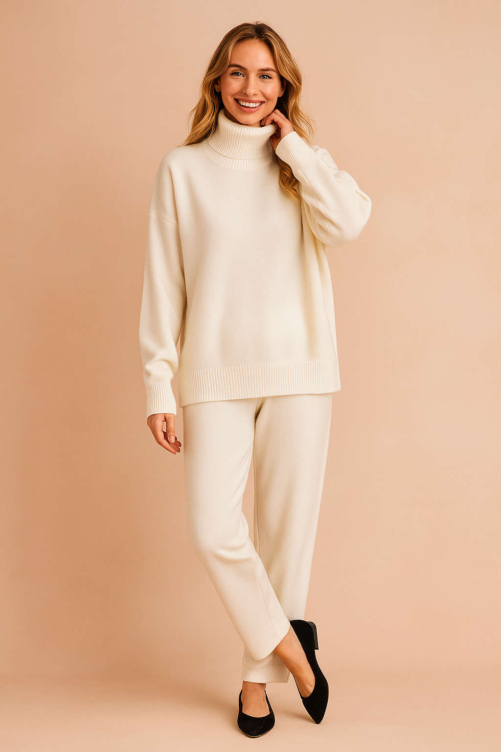 Cream white oversized turtleneck sweater with ribbed cuffs and hem, paired with matching relaxed knit pants and black heeled flats