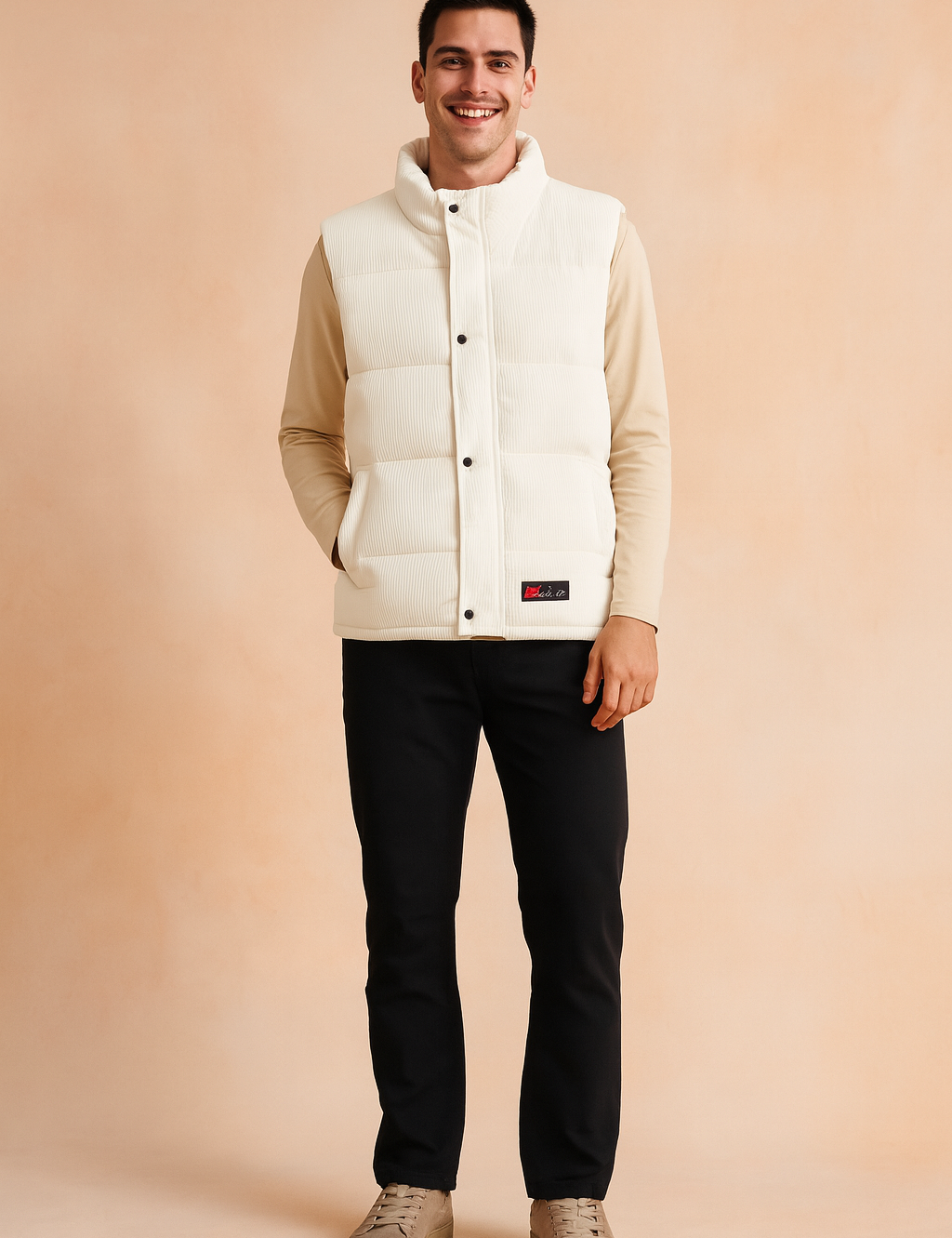 Men’s stylish white padded winter vest with front snap buttons, quilted design, and practical side pockets, perfect for layering in cold weather.