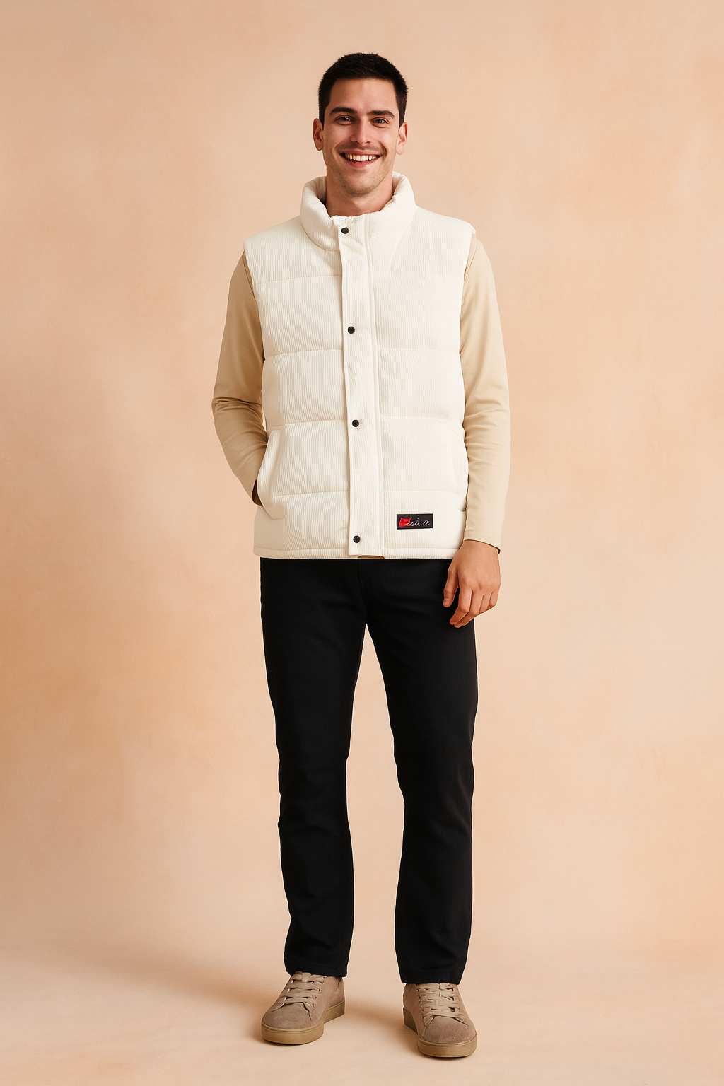 Men’s stylish white padded winter vest with front snap buttons, quilted design, and practical side pockets, perfect for layering in cold weather.