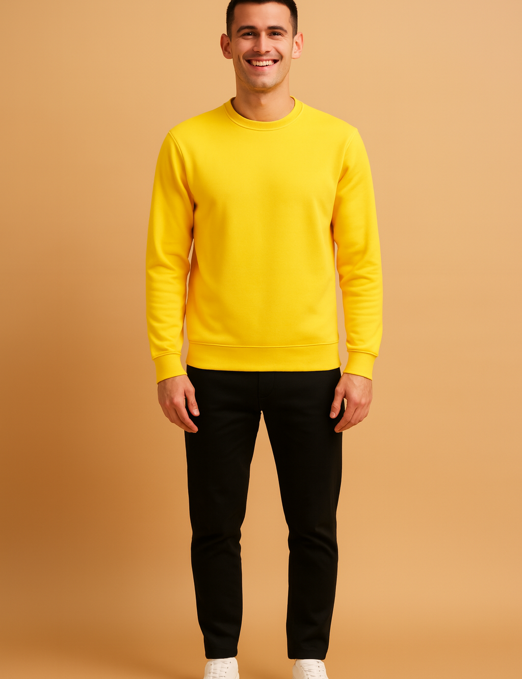Bright yellow crewneck sweatshirt with long sleeves, ribbed cuffs, and a ribbed hem, offering a bold casual streetwear style.