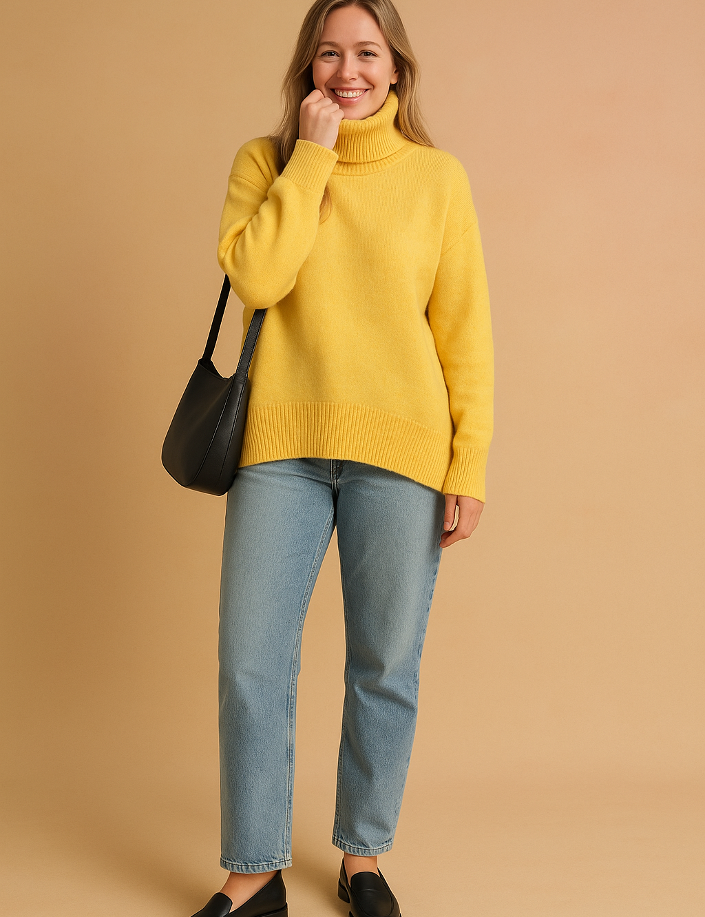 Pastel yellow oversized knit turtleneck sweater with ribbed cuffs and hem, paired with light-wash straight denim jeans and black leather loafers, styled with a minimalist black shoulder bag.