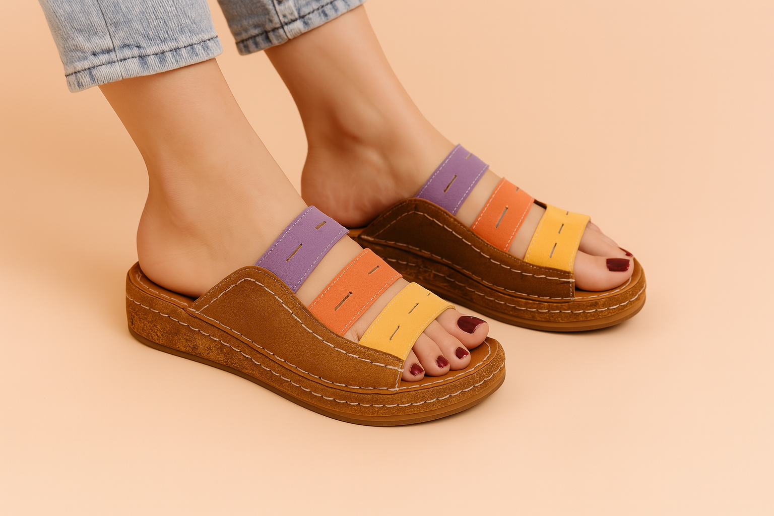 Colorful open-toe wedge sandals featuring three horizontal straps in lavender, orange, and yellow with topstitch details, paired with a textured brown leather base and thick cork platform sole.