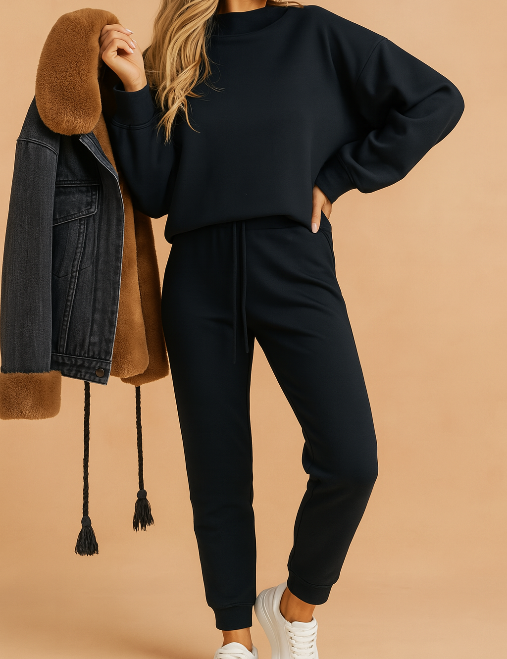 Dark navy blue loungewear set featuring a relaxed-fit crewneck sweatshirt and matching drawstring jogger pants, styled with white sneakers and accessorized with a denim and faux fur trim jacket draped over the arm.