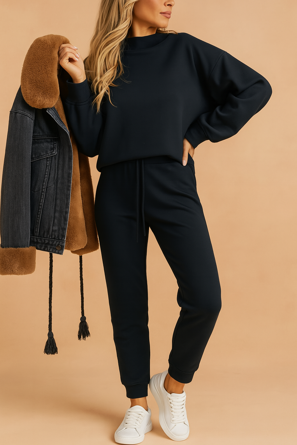Dark navy blue loungewear set featuring a relaxed-fit crewneck sweatshirt and matching drawstring jogger pants, styled with white sneakers and accessorized with a denim and faux fur trim jacket draped over the arm.