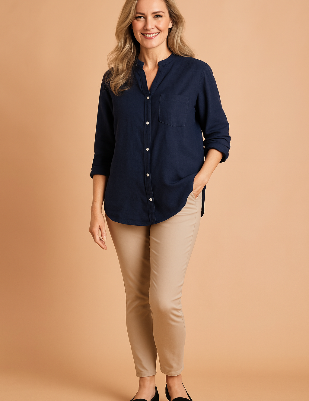 Navy blue mandarin collar long-sleeve button-down shirt with chest pocket and soft cotton-linen texture, worn untucked for a relaxed look.