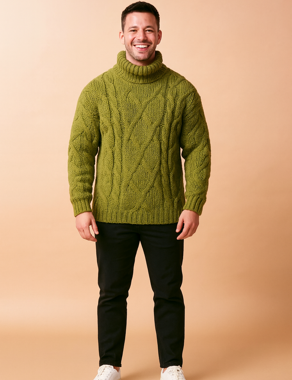 Thick olive cable knit turtleneck sweater with exaggerated textures and a slouchy relaxed fit, perfect for bold winter styling.
