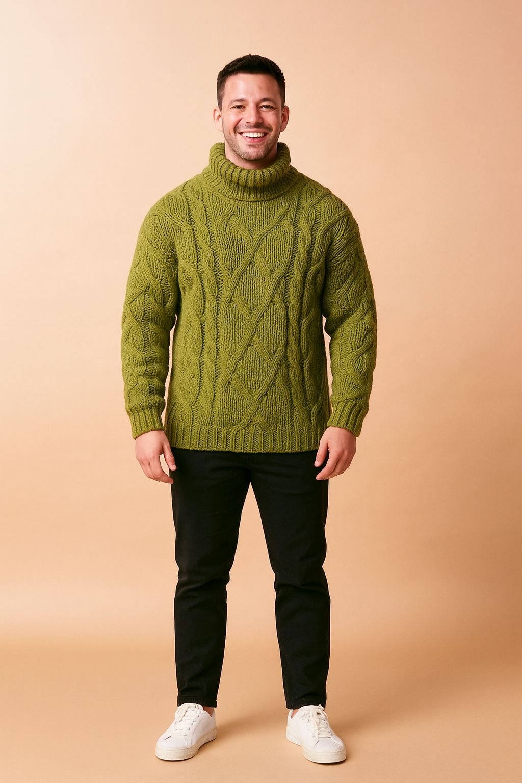 Thick olive cable knit turtleneck sweater with exaggerated textures and a slouchy relaxed fit, perfect for bold winter styling.