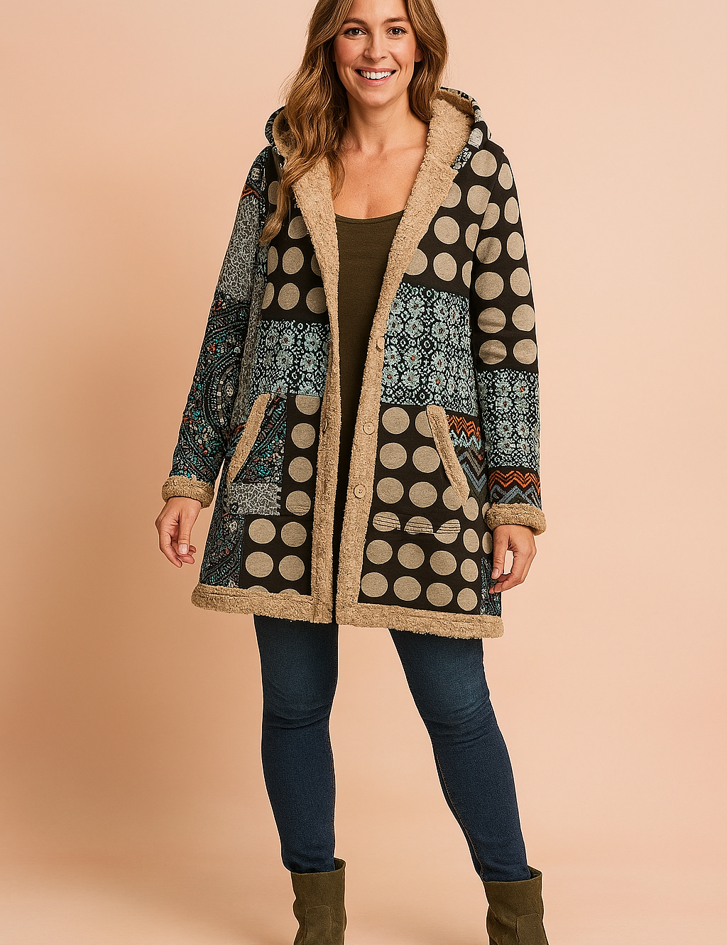 Patchwork fleece-lined hooded coat featuring large beige polka dots, intricate teal and rust ethnic motifs, and cozy tan sherpa trim, styled over a fitted top with skinny jeans and suede ankle boots.