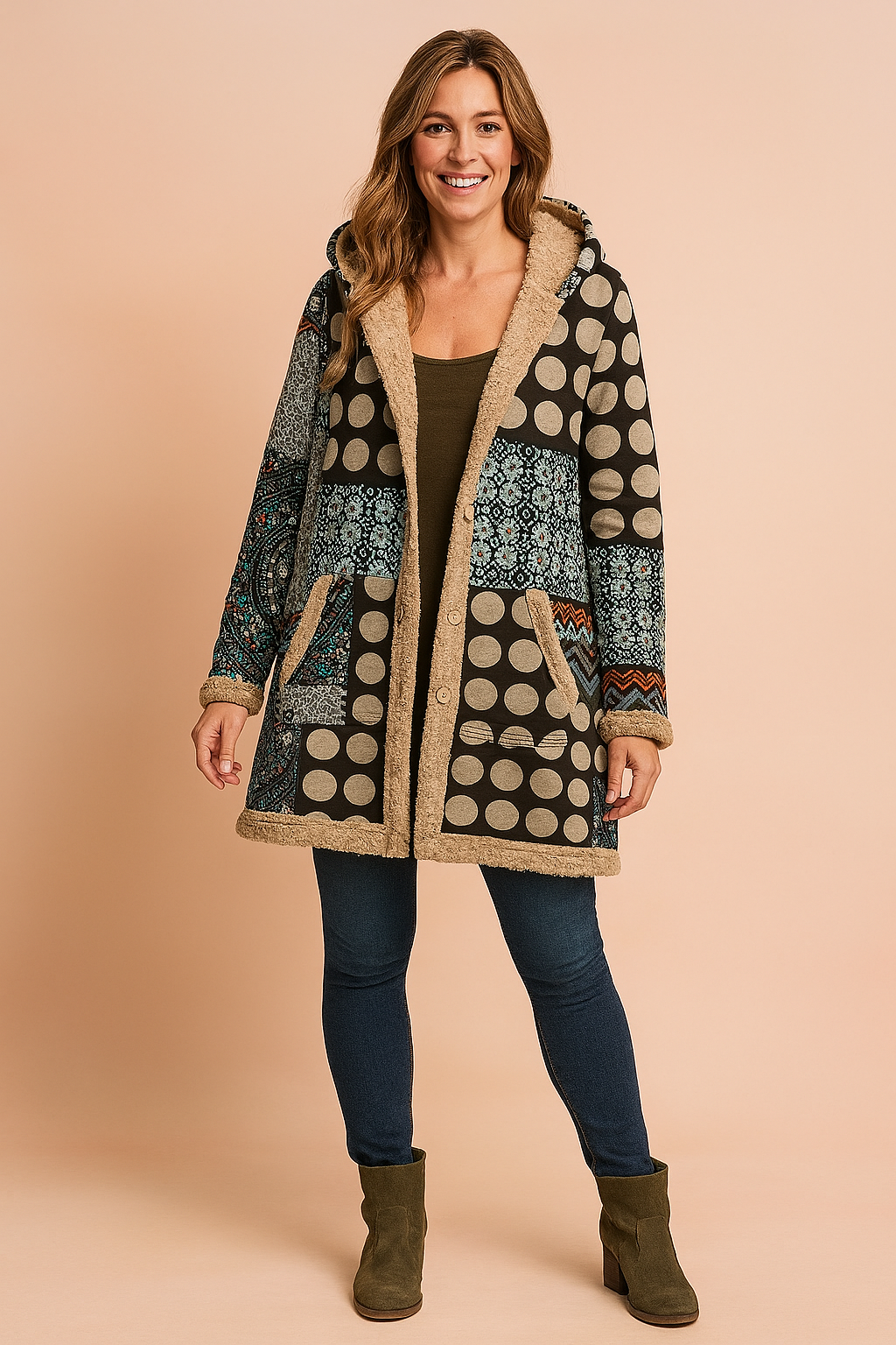 Patchwork fleece-lined hooded coat featuring large beige polka dots, intricate teal and rust ethnic motifs, and cozy tan sherpa trim, styled over a fitted top with skinny jeans and suede ankle boots.