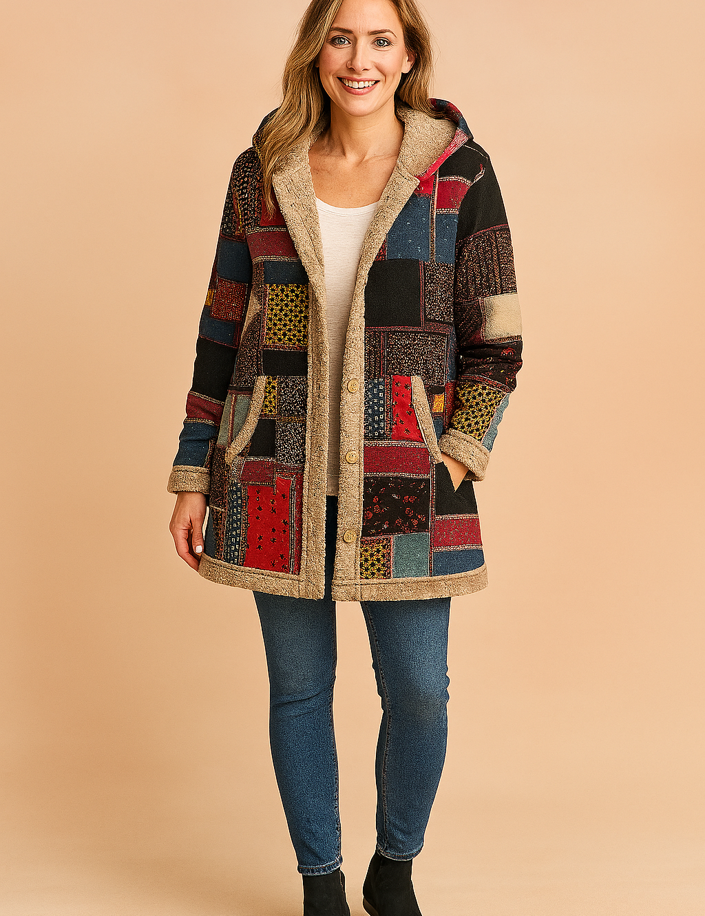 Colorful patchwork fleece-lined hooded coat featuring a variety of geometric panels in red, black, mustard yellow, and navy, with button front closure and front pockets, paired with slim-fit denim jeans and black ankle boots.