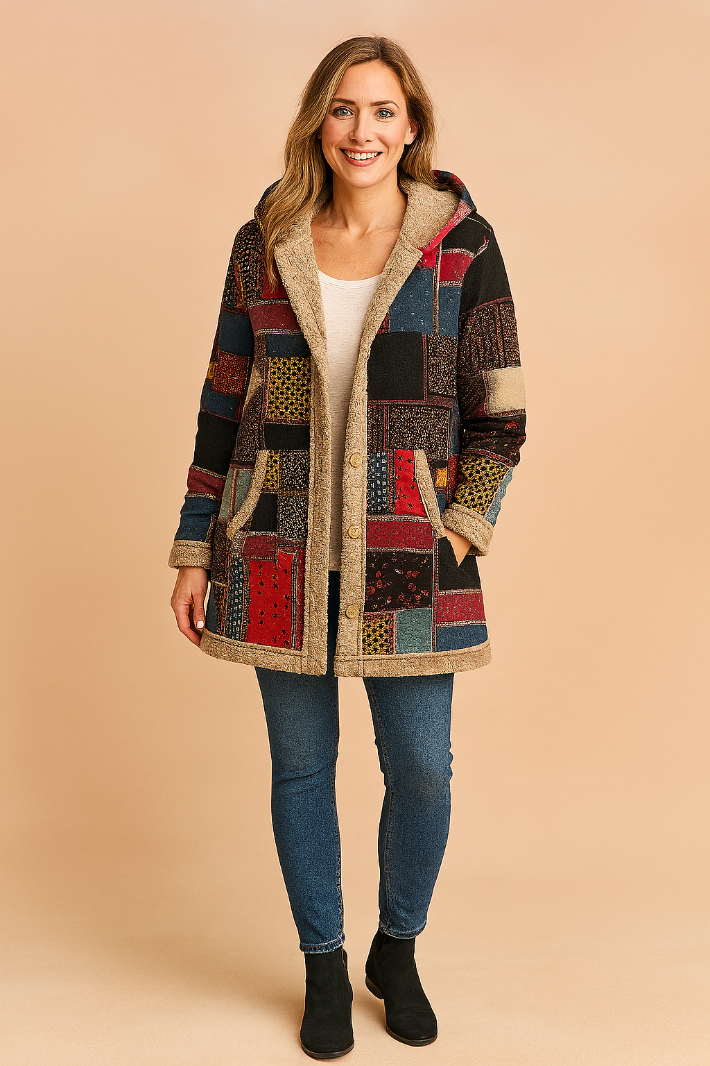 Colorful patchwork fleece-lined hooded coat featuring a variety of geometric panels in red, black, mustard yellow, and navy, with button front closure and front pockets, paired with slim-fit denim jeans and black ankle boots.