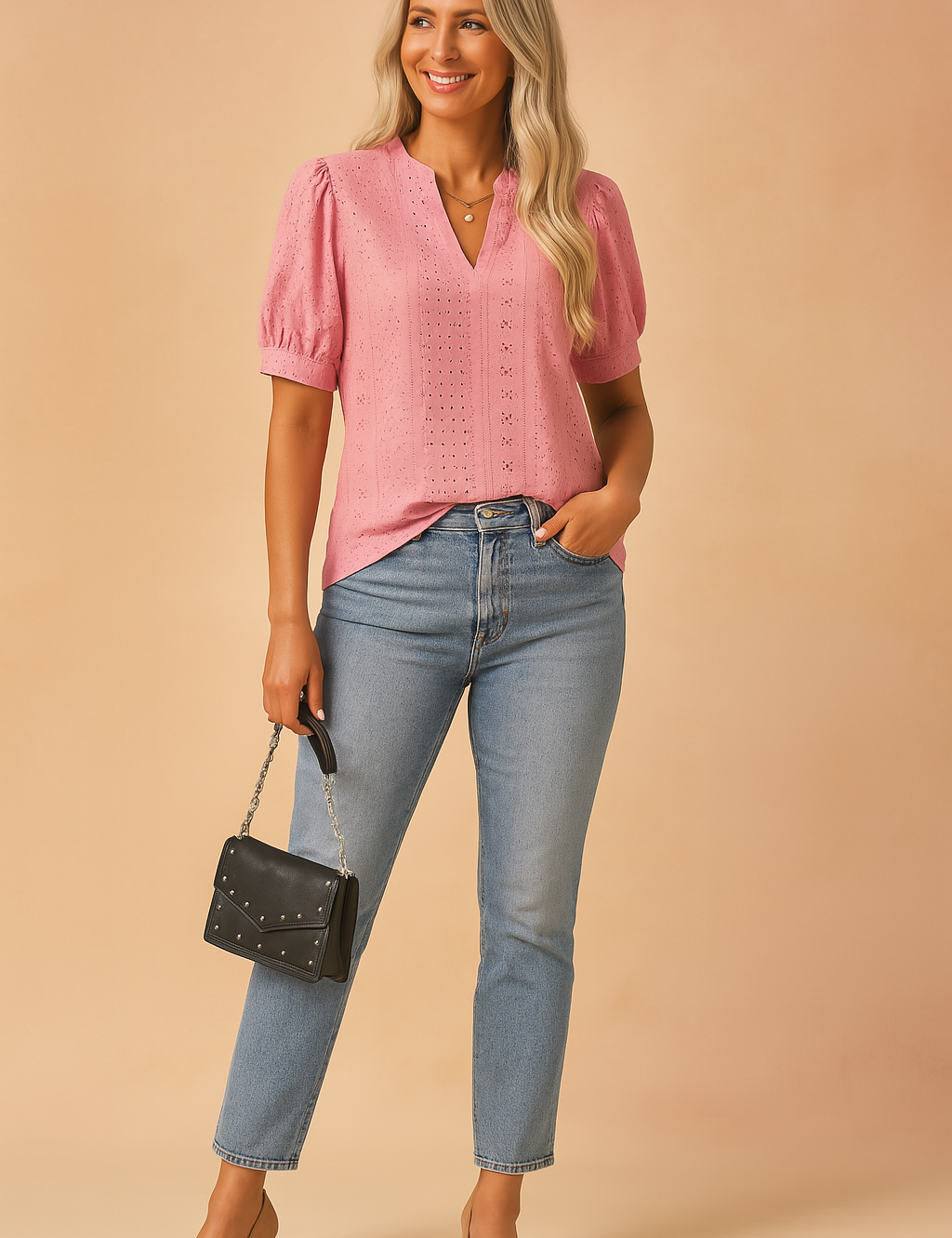 Pink puff-sleeve V-neck blouse with eyelet embroidery and scallop-edge detailing, paired with light-wash high-waisted jeans.


