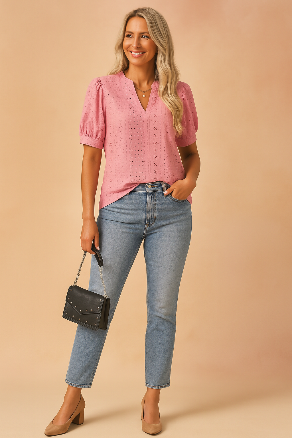 Pink puff-sleeve V-neck blouse with eyelet embroidery and scallop-edge detailing, paired with light-wash high-waisted jeans.

