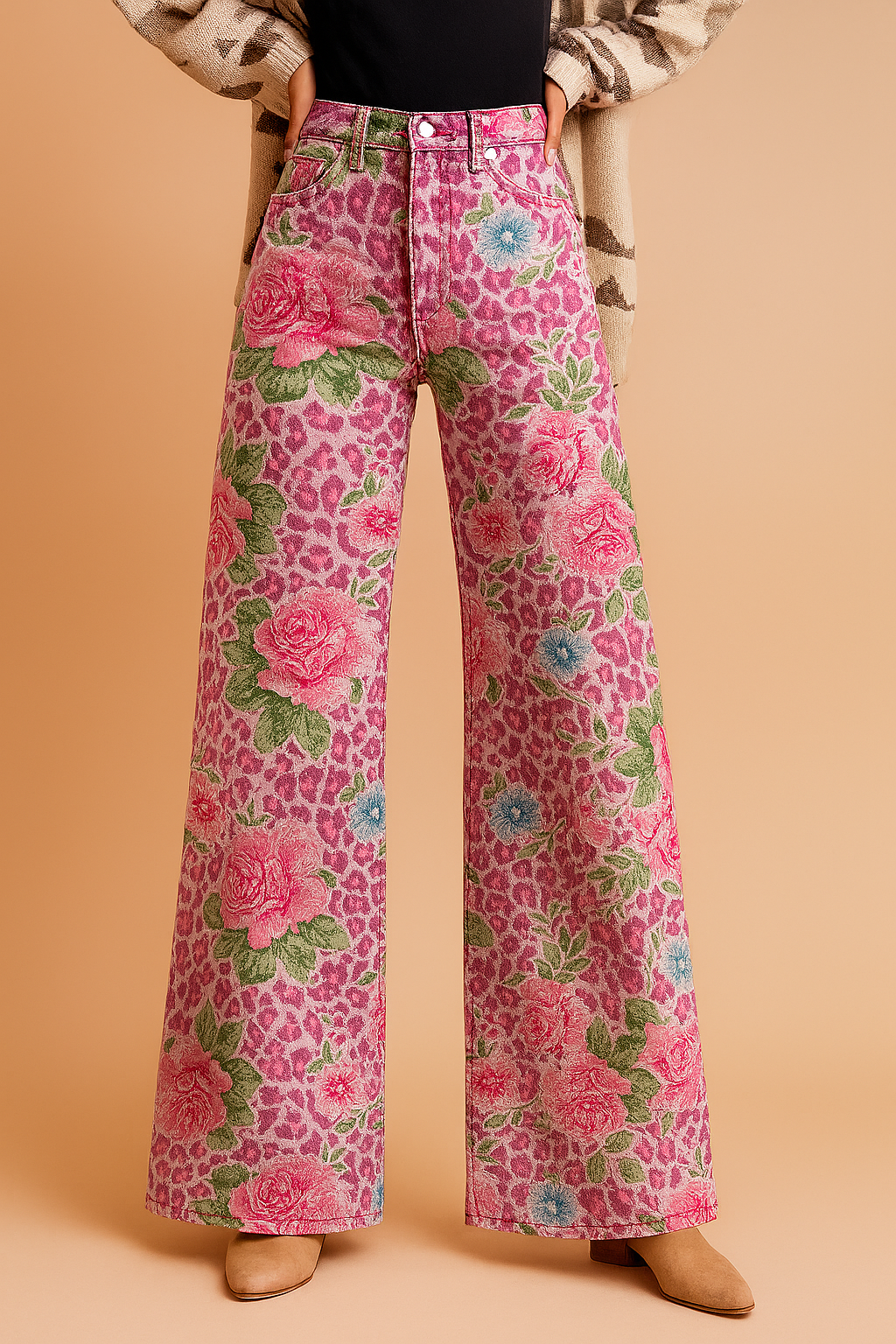 High-waisted wide-leg pants with an all-over pink leopard and floral print, featuring large pink and blue roses with green leaves on a structured denim fabric.