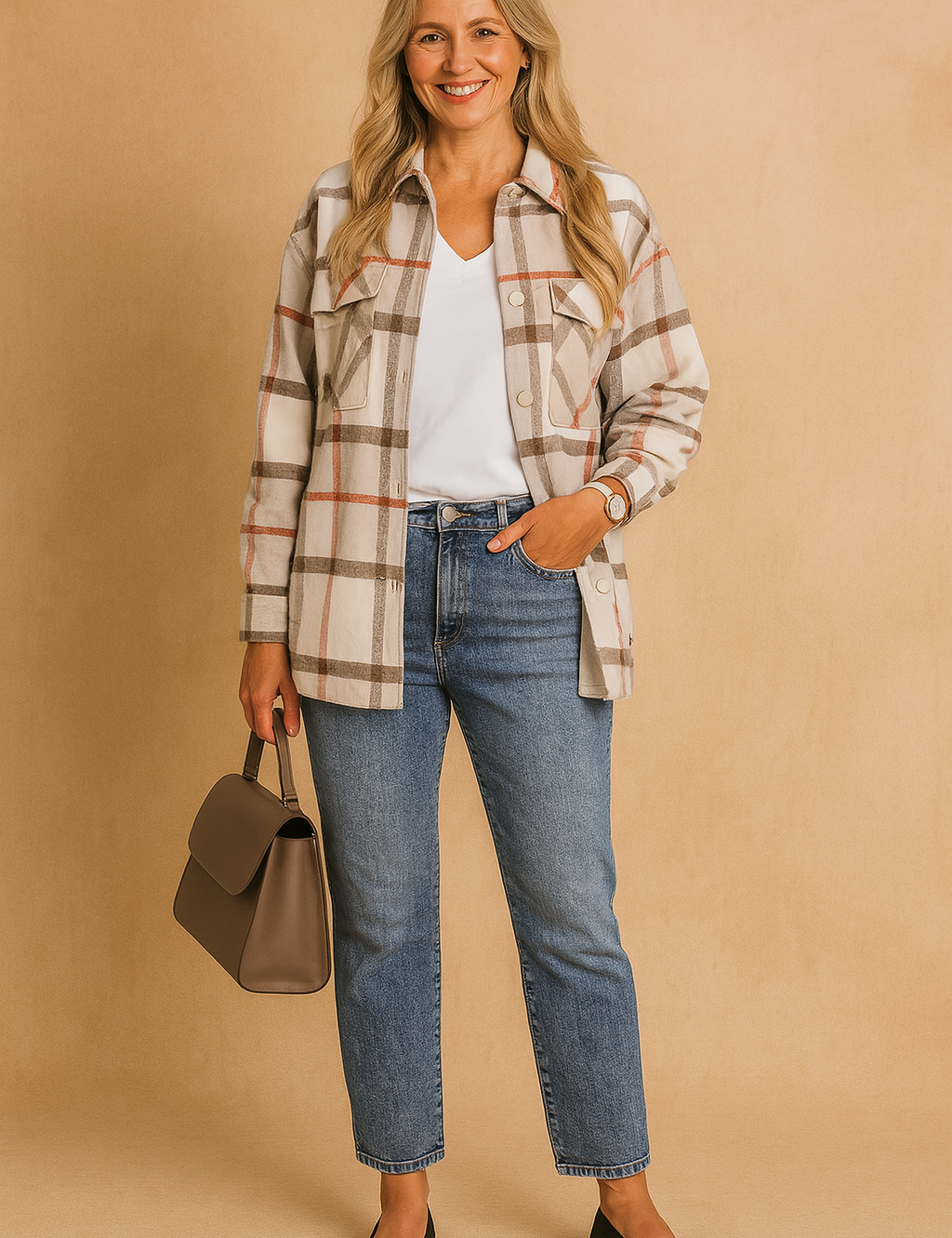 Beige, white, and red plaid button-down overshirt with chest pockets, styled over a white V-neck top and high-waisted blue jeans.