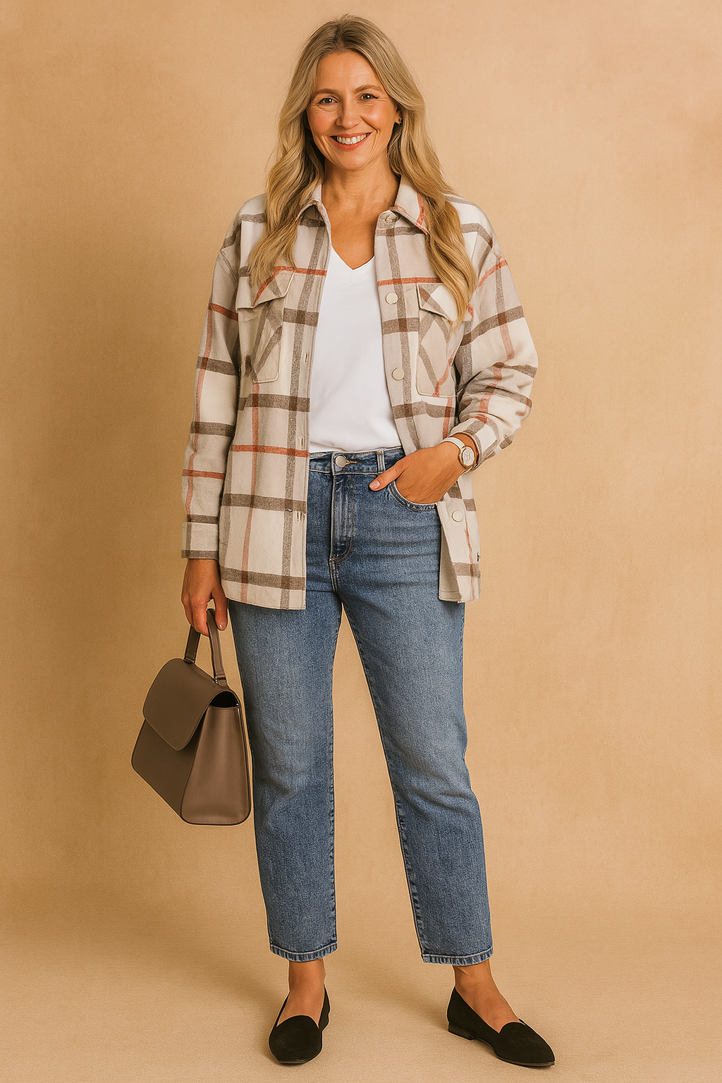 Beige, white, and red plaid button-down overshirt with chest pockets, styled over a white V-neck top and high-waisted blue jeans.
