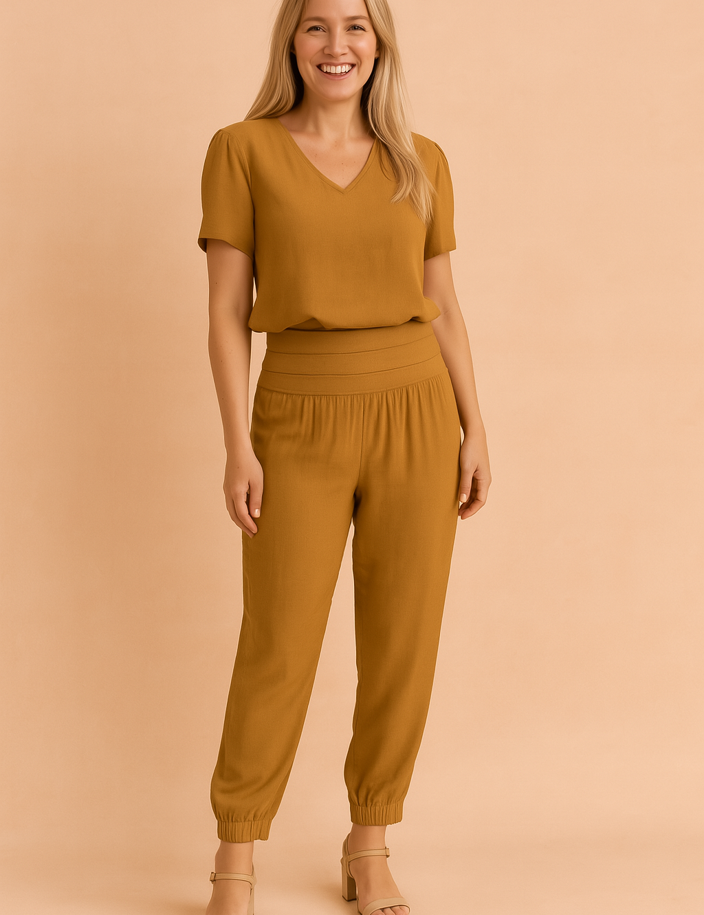 Relaxed-fit Khaki two-piece coord set featuring a V-neck short sleeve blouse and high-waisted gathered ankle pants with a wide waistband and subtle tapering.