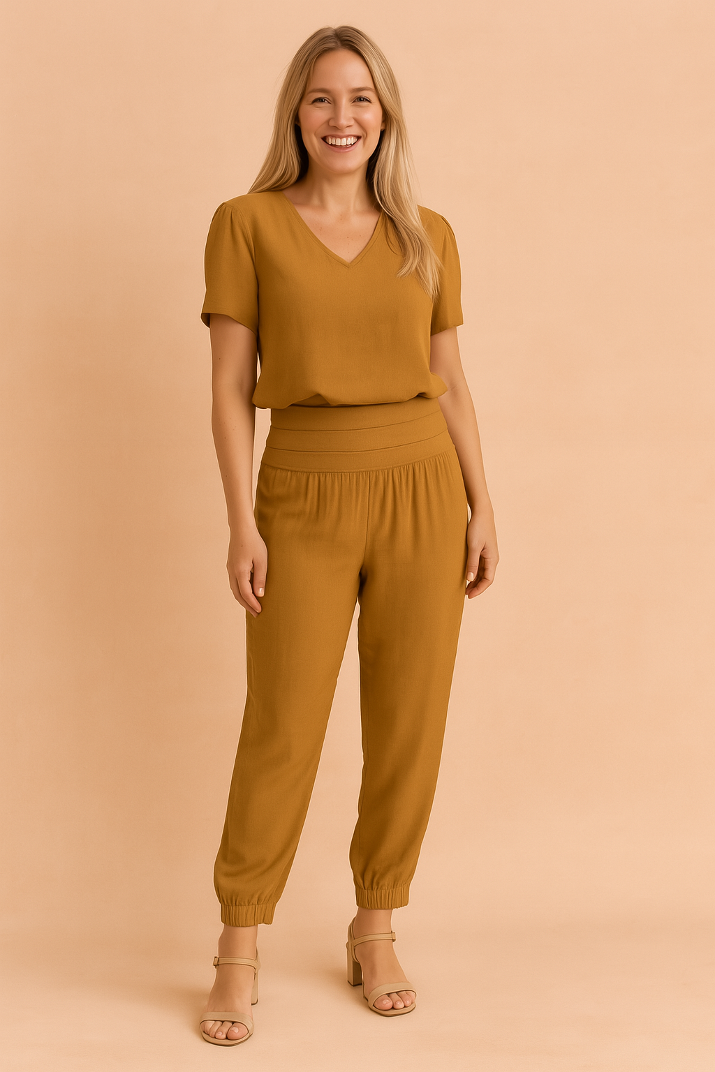 Relaxed-fit Khaki two-piece coord set featuring a V-neck short sleeve blouse and high-waisted gathered ankle pants with a wide waistband and subtle tapering.