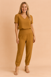 Relaxed-fit Khaki two-piece coord set featuring a V-neck short sleeve blouse and high-waisted gathered ankle pants with a wide waistband and subtle tapering.