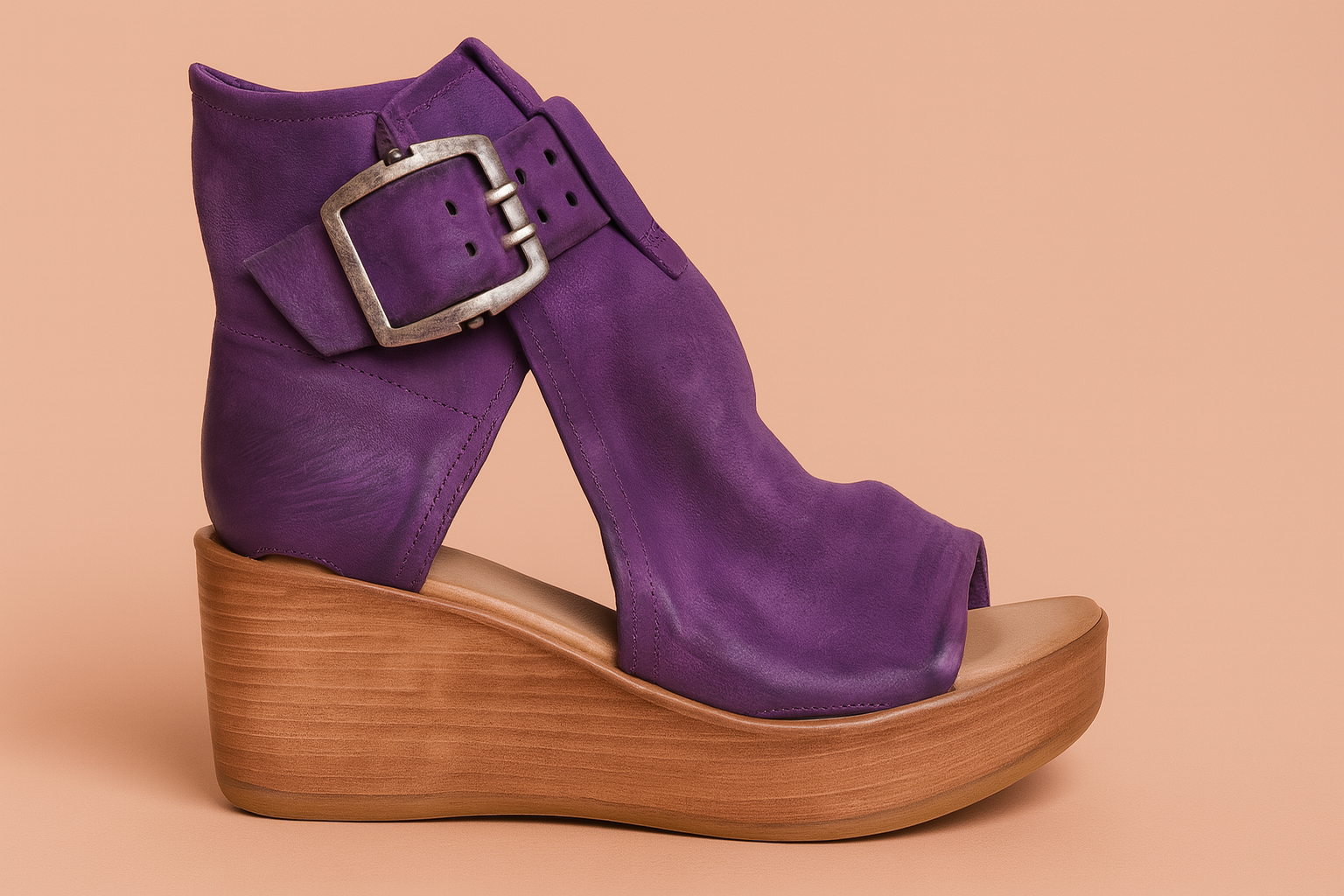 Purple suede wedge sandal with open toe, wide weathered ankle strap and oversized silver buckle, set on a natural wood-textured platform sole.