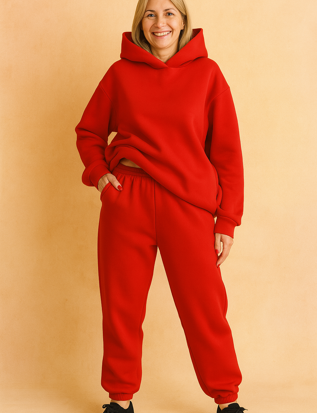Vibrant red fleece coord set featuring an oversized hoodie with structured shoulders and a roomy hood, paired with high-waisted joggers with a gathered waistband and cuffed hems. Both pieces are made from smooth, heavyweight cotton-blend fabric with a clean, solid finish and no visible prints or embellishments.

