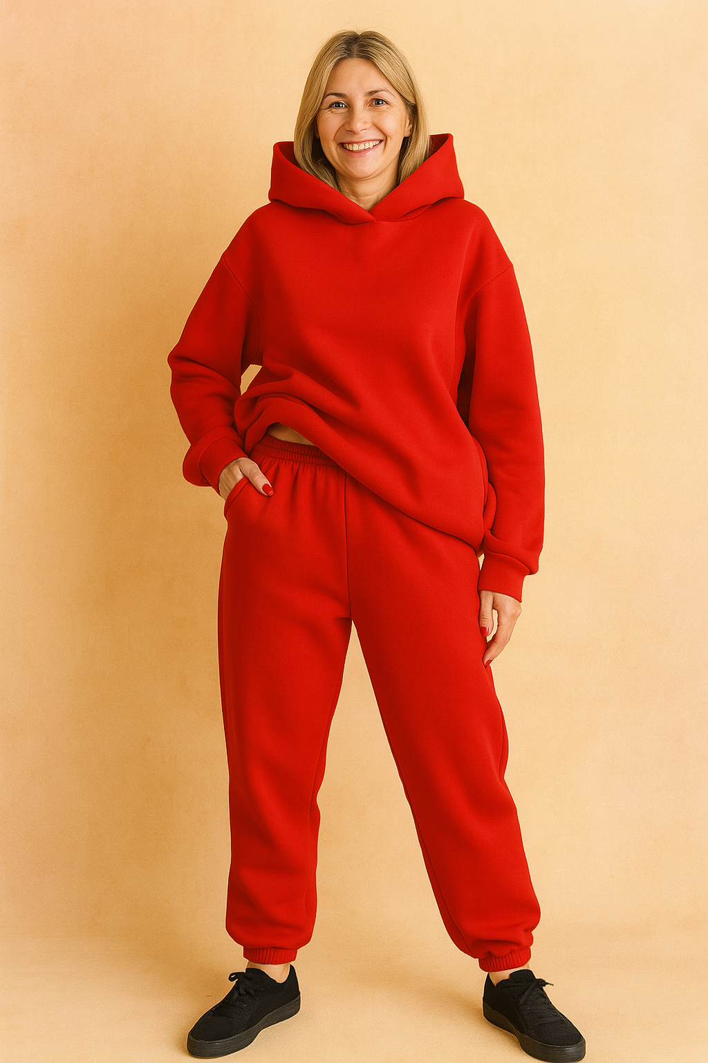 Vibrant red fleece coord set featuring an oversized hoodie with structured shoulders and a roomy hood, paired with high-waisted joggers with a gathered waistband and cuffed hems. Both pieces are made from smooth, heavyweight cotton-blend fabric with a clean, solid finish and no visible prints or embellishments.

