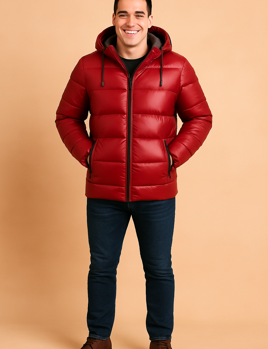 Glossy red puffer winter jacket with black accents, featuring a high-collar hood, insulated lining, front zipper closure, and dual pockets, designed for cold-weather streetwear fashion.