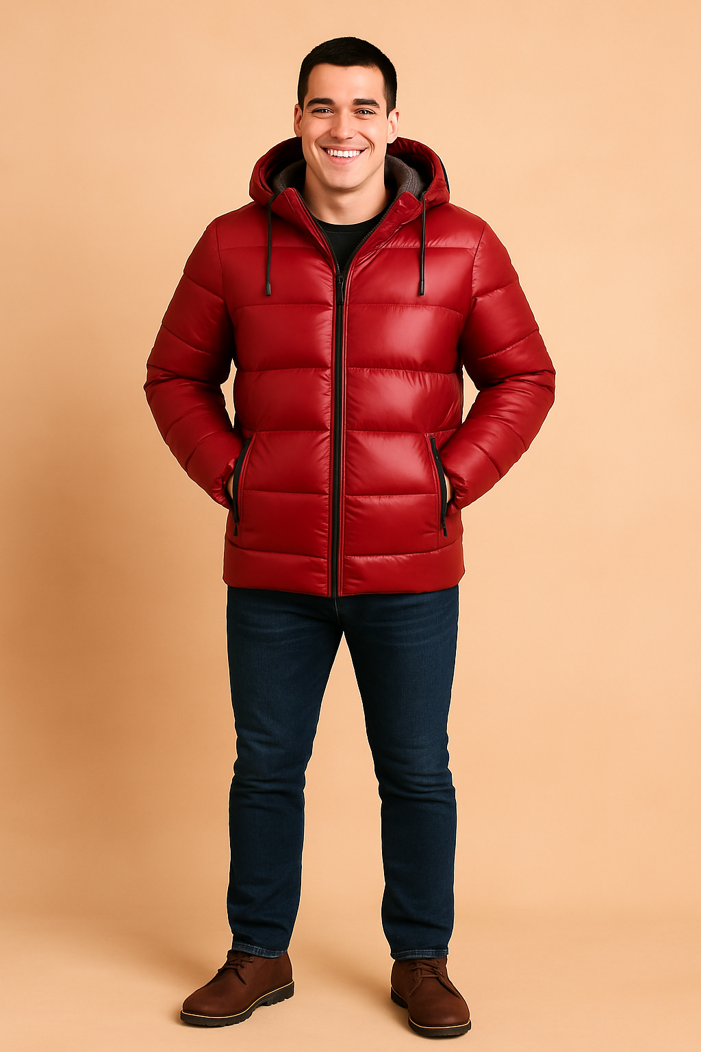 Glossy red puffer winter jacket with black accents, featuring a high-collar hood, insulated lining, front zipper closure, and dual pockets, designed for cold-weather streetwear fashion.