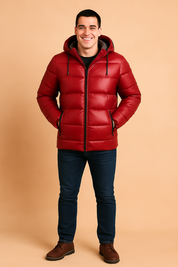 Glossy red puffer winter jacket with black accents, featuring a high-collar hood, insulated lining, front zipper closure, and dual pockets, designed for cold-weather streetwear fashion.