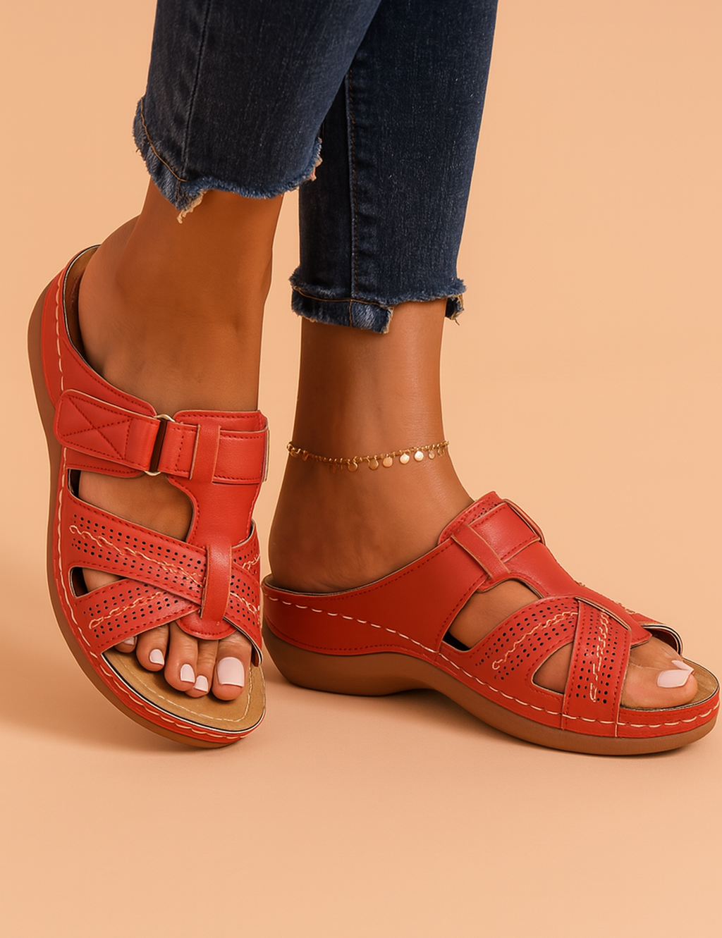 Red leather slip-on sandals with wide crisscross straps, intricate perforated detailing, secure Velcro closure, and contrast stitching on a cushioned wedge sole.