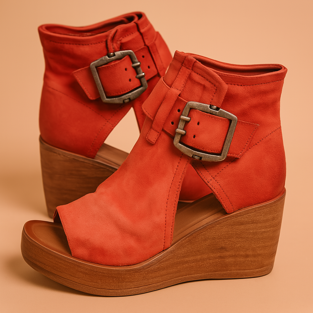 Red suede wedge sandals featuring a wide open-toe design, antique silver side buckles, and a rustic wooden platform sole with visible grain.