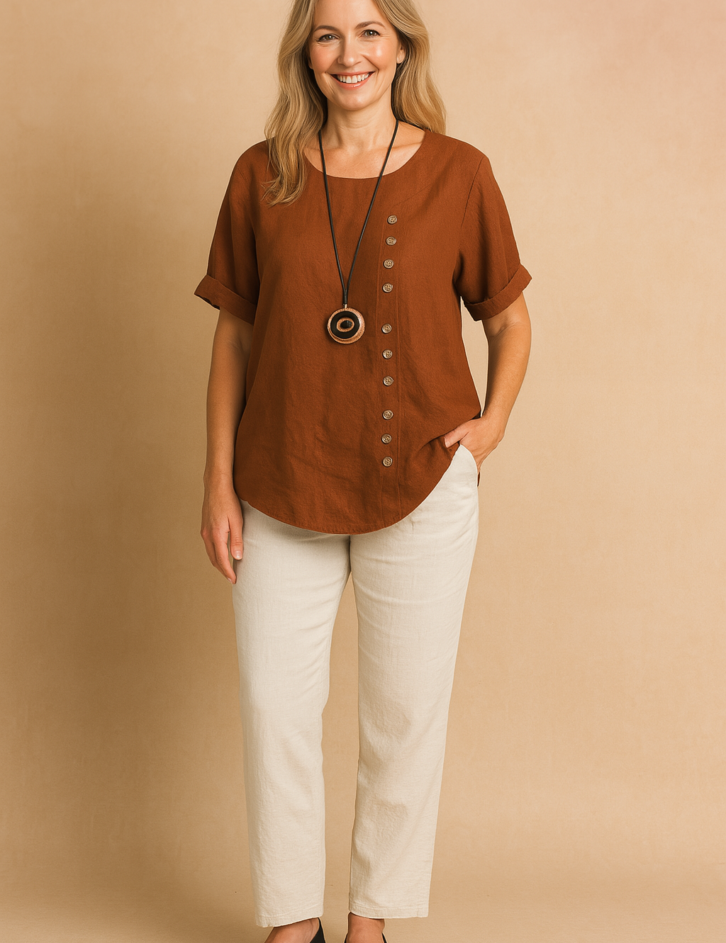 Rust brown short-sleeve linen blouse with round neckline and asymmetric vertical button detail, styled with off-white straight-leg pants.