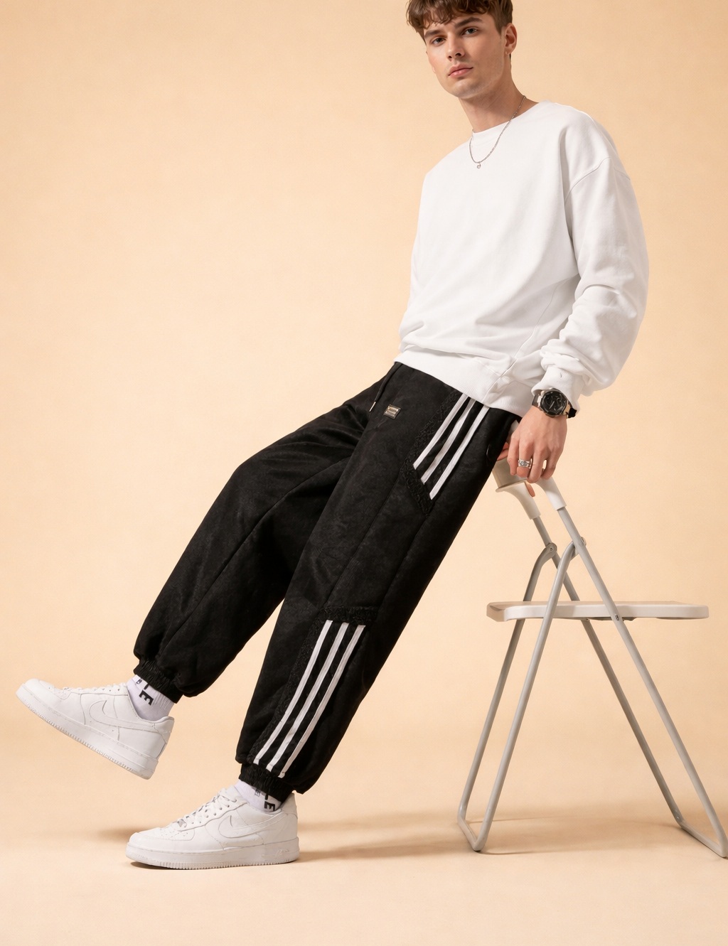 Relaxed-fit black jogger pants with elastic cuffs, clean straight silhouette, contrast side stripe detailing, and a smooth structured drape styled with low-top white sneakers.