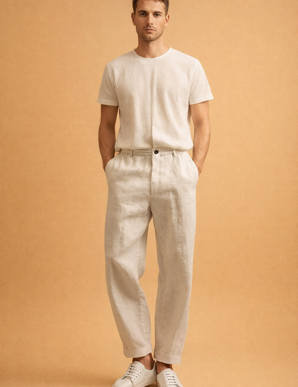 Relaxed-fit men’s tailored trousers with a straight leg silhouette, clean front closure, belt loops, side pockets, and subtle ankle-length finish, styled with minimalist low-profile sneakers for a refined everyday look.