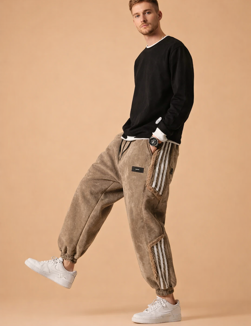 Relaxed-fit tapered jogger pants with elastic cuffs, side stripe panel detailing, structured seams, functional side pockets, and a soft textured finish styled with clean low-top sneakers.