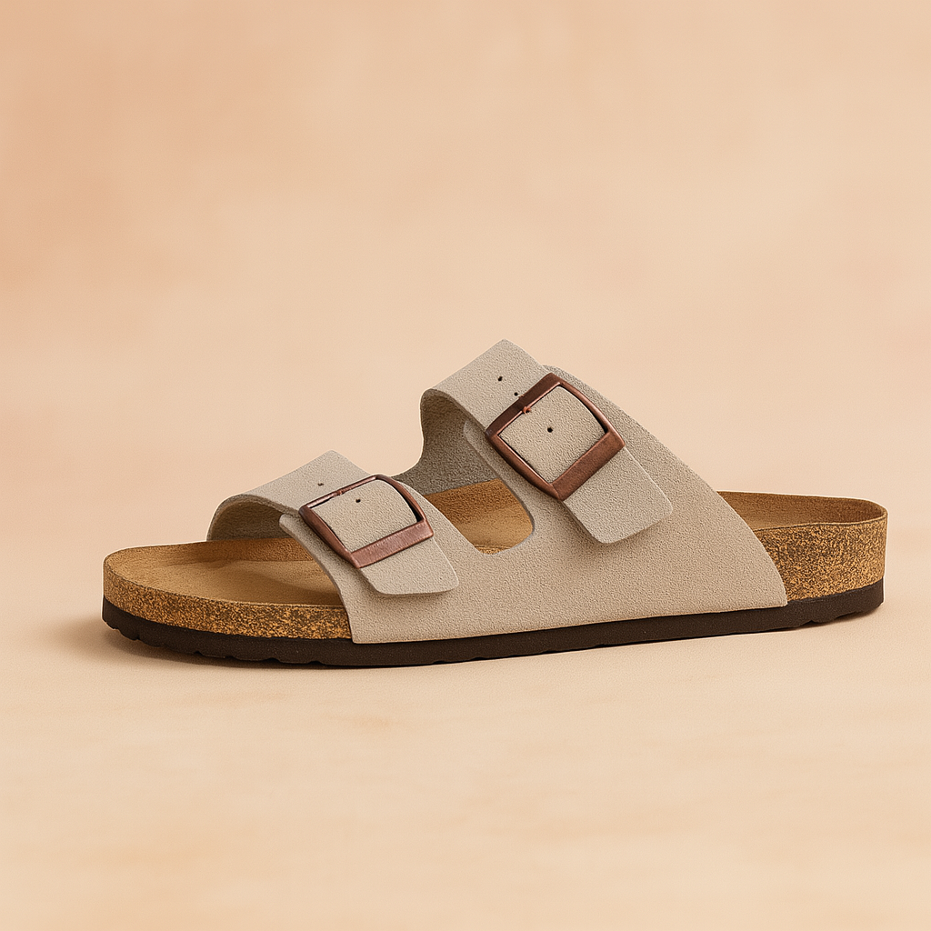  suede slip-on sandal featuring a contoured cork footbed and two wide straps with oversized brown buckles for adjustable comfort.