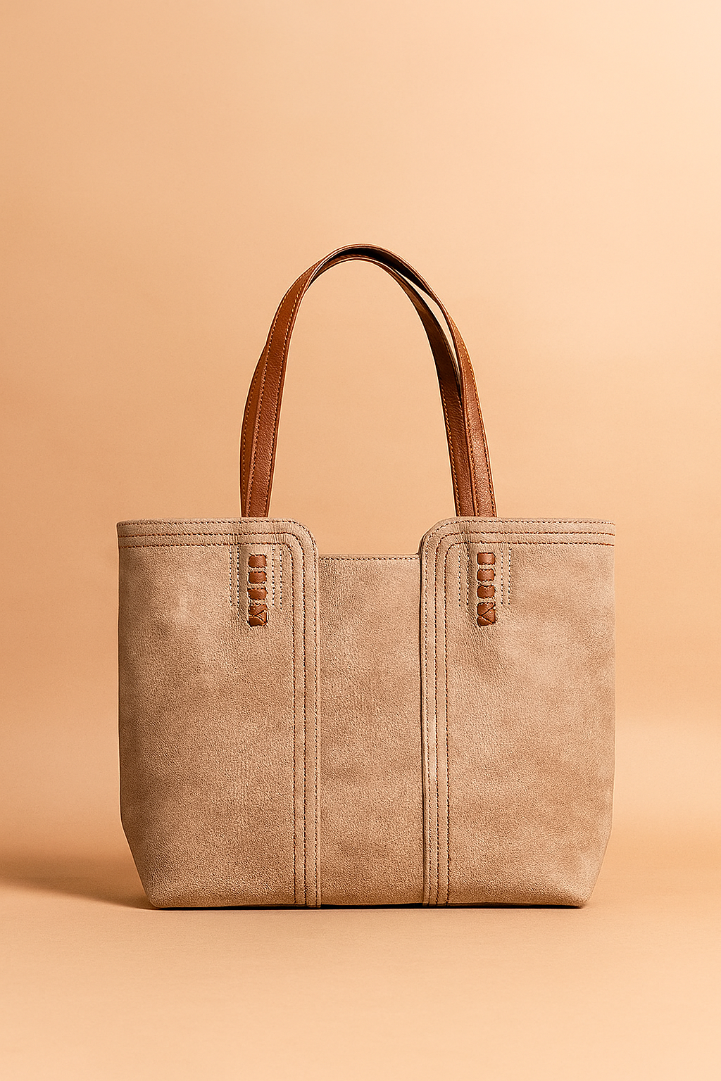 Textured beige tote bag with rich brown handles, featuring detailed stitching and vertical seam accents, captured in a softly lit studio setup with a warm sand and pastel blush backdrop.