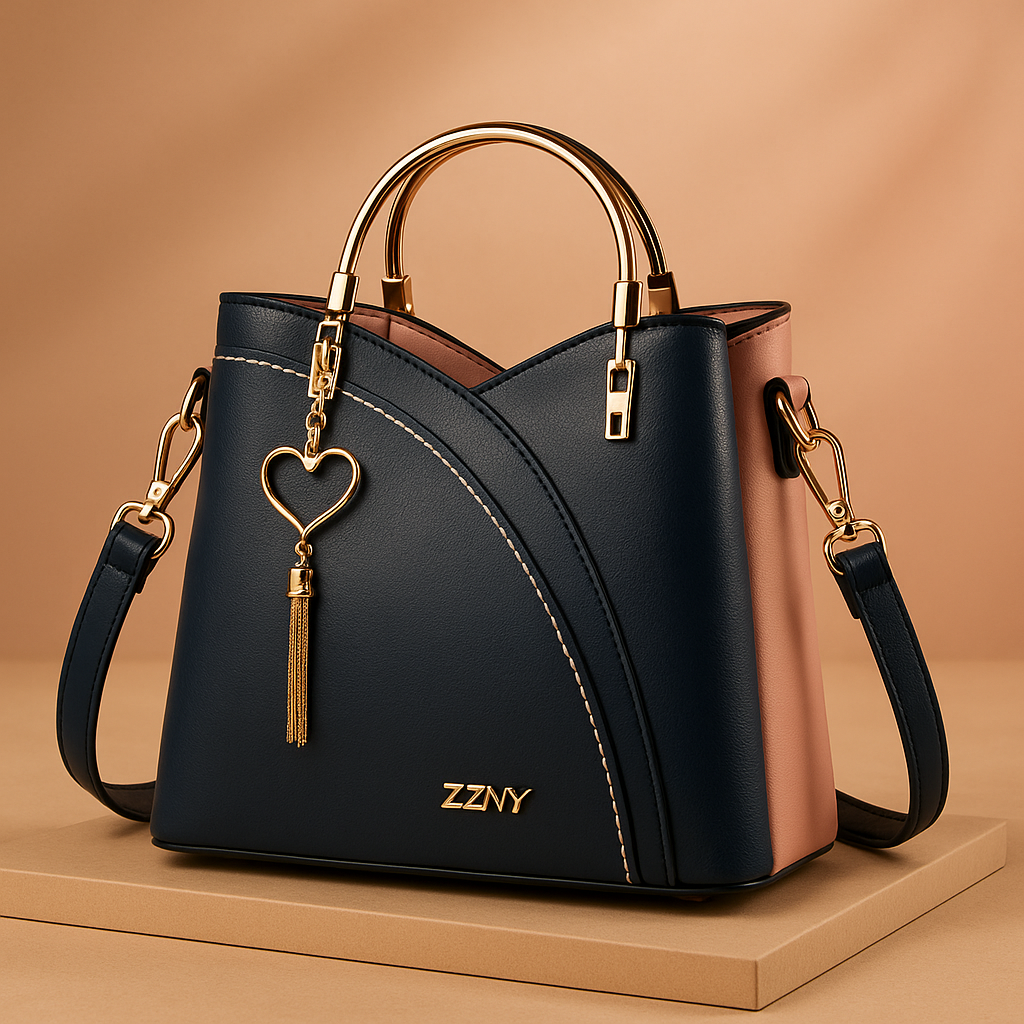 Navy blue and blush pink structured faux leather handbag with gold metal handles, heart tassel charm, and contrast stitching, displayed on a warm beige platform with soft lighting.