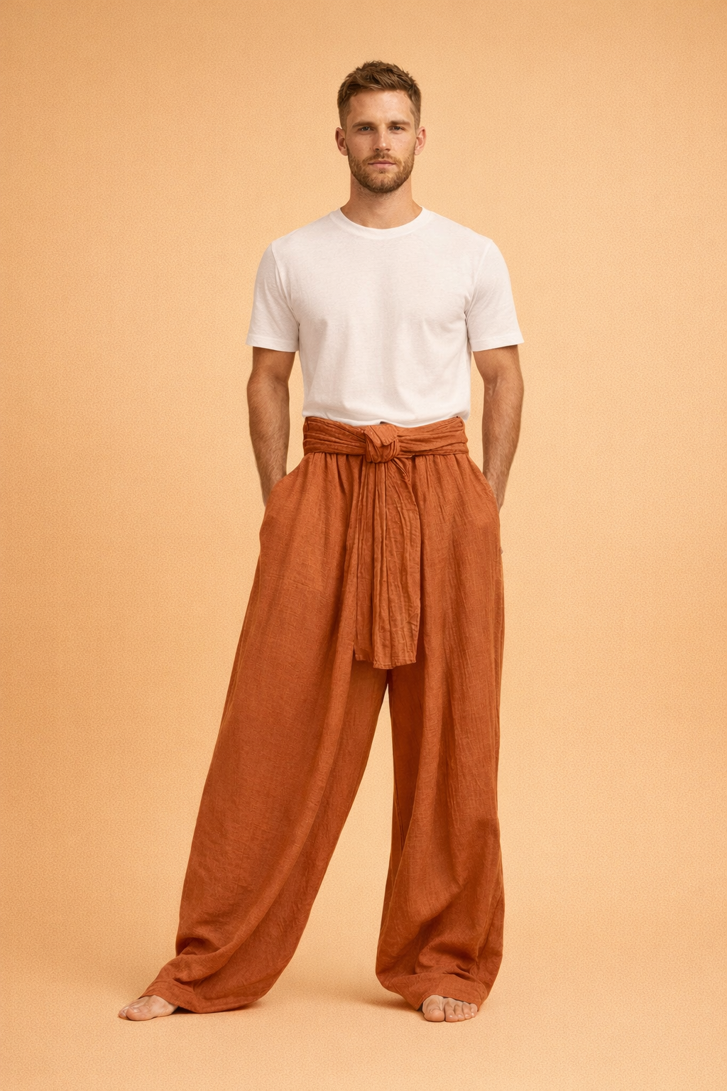 Loose-fit wide-leg trousers with a wrapped waist tie, featuring a relaxed drape, soft textured fabric appearance, high-rise fit, and fluid straight legs designed for an airy, contemporary silhouette.
