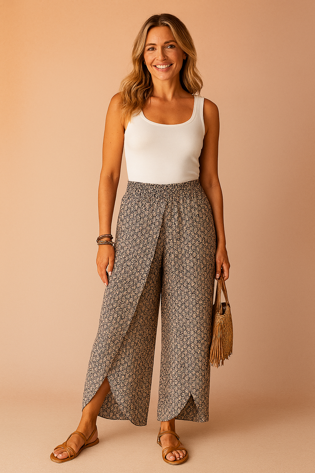 High-waisted tulip-hem wide-leg printed pants in a micro-paisley pattern, styled with a tucked-in white tank top and tan strappy sandals, perfect for chic summer wear.