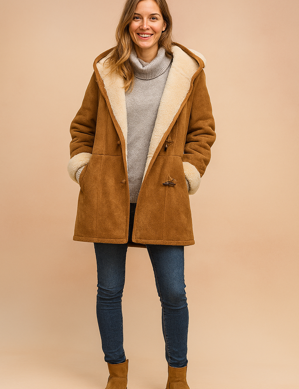 Camel brown faux suede shearling coat with toggle closure, cream sherpa lining, rolled cuffs, and structured seams, layered over a light gray turtleneck sweater and styled with dark denim jeans and tan suede winter boots.
