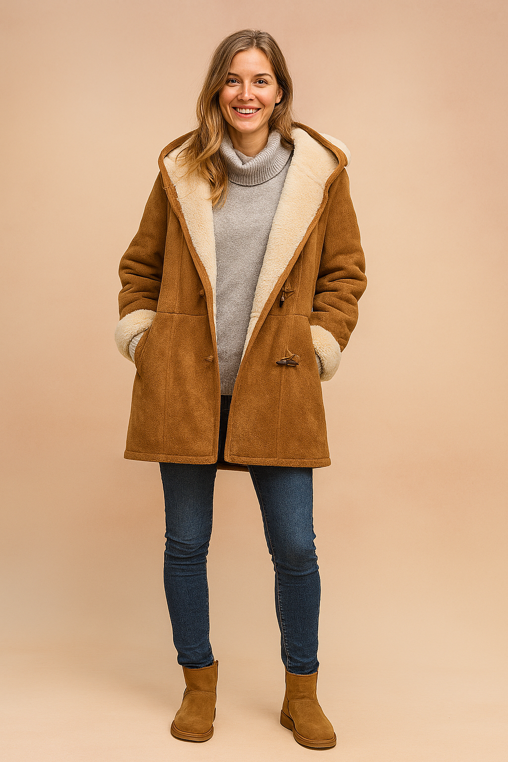 Camel brown faux suede shearling coat with toggle closure, cream sherpa lining, rolled cuffs, and structured seams, layered over a light gray turtleneck sweater and styled with dark denim jeans and tan suede winter boots.